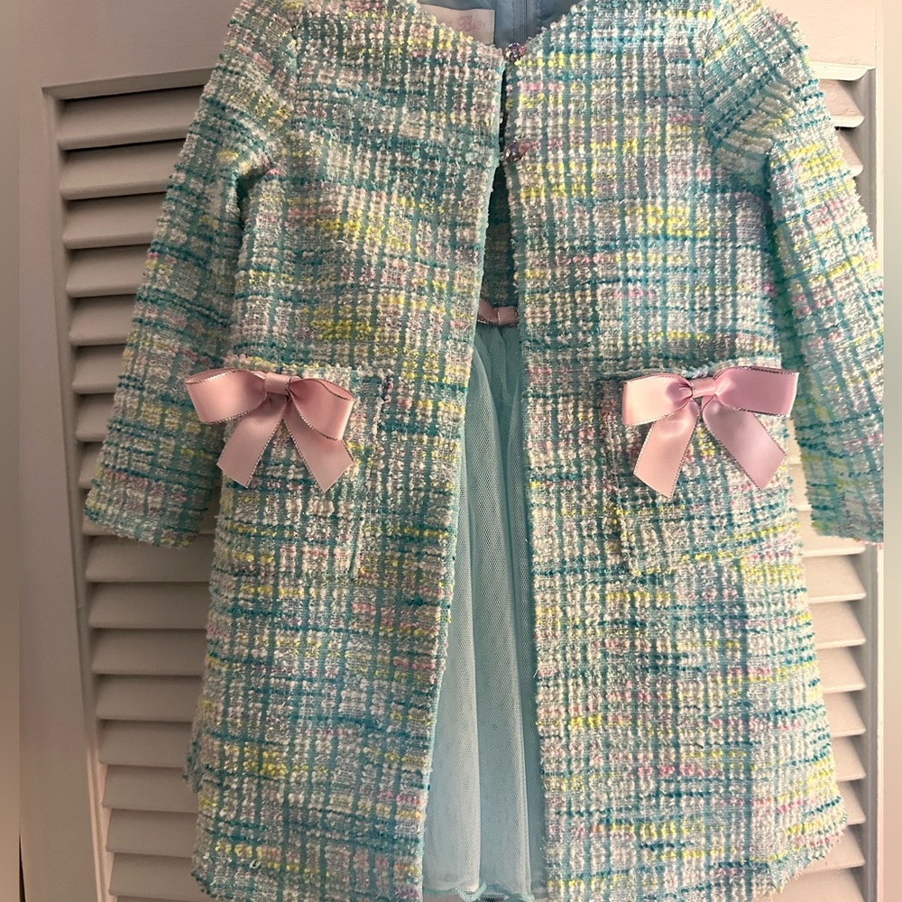 Bonnie Baby Pastel Boucle Coat with Pink Bows and Dress - Picture 3 of 12